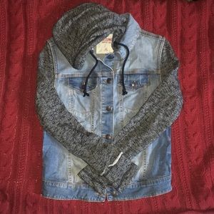 Jean Jacket with knit sleeves and hood